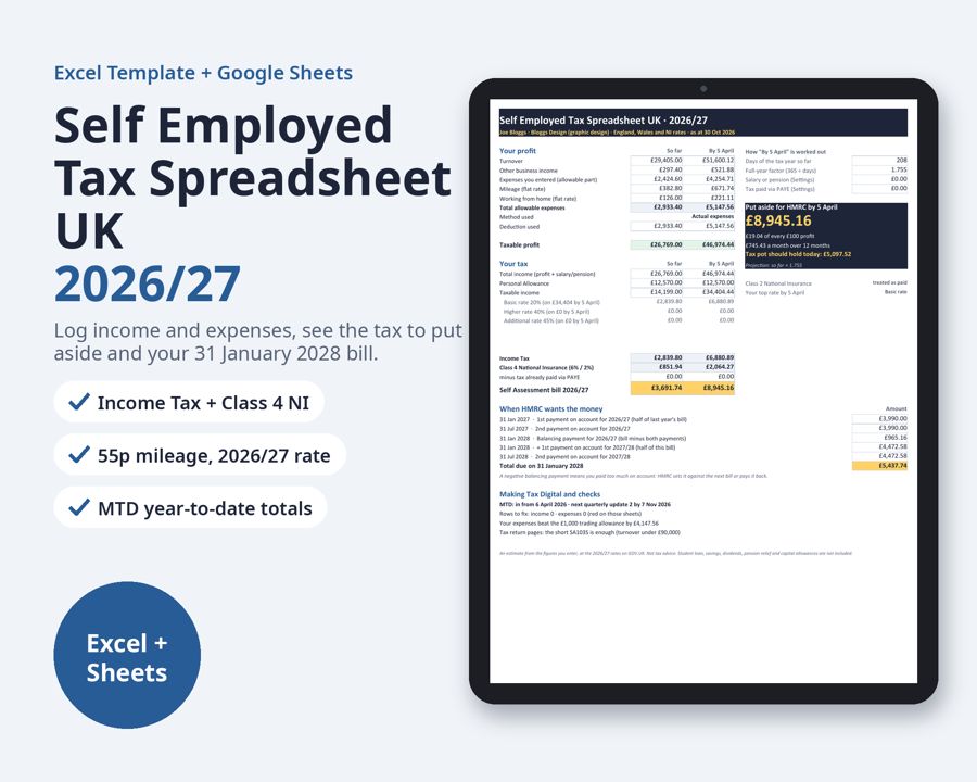 Self Employed Tax Spreadsheet UK 2026/27 — Preview 1