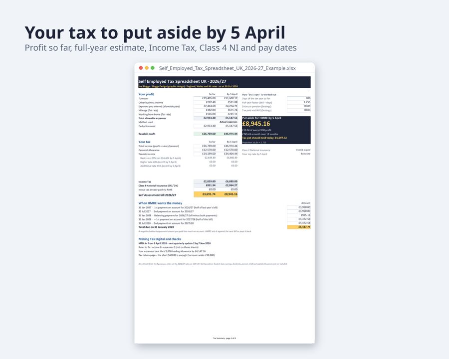 Self Employed Tax Spreadsheet UK 2026/27 — Preview 2