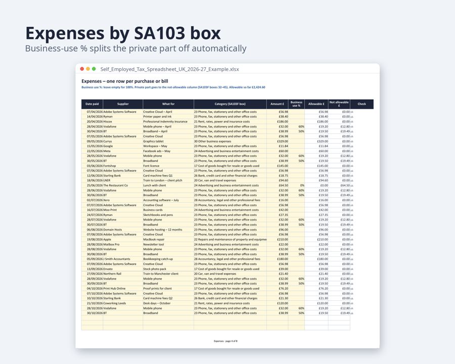 Self Employed Tax Spreadsheet UK 2026/27 — Preview 4