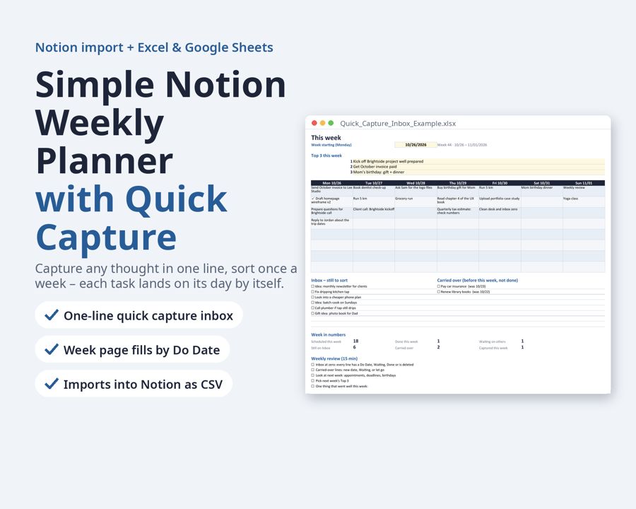 Simple Notion Weekly Planner with Quick Capture Inbox — Preview 1