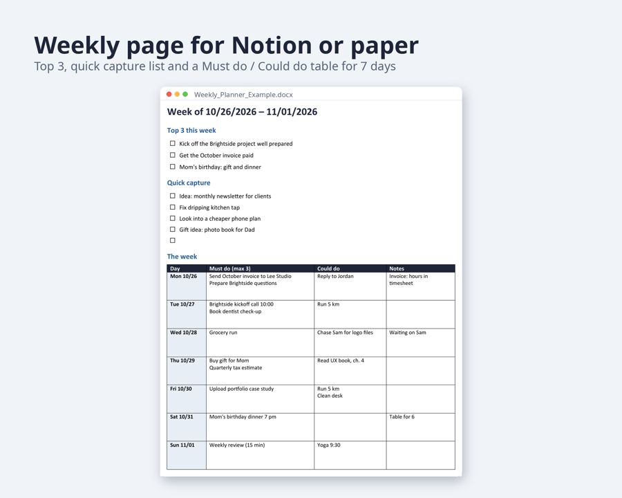 Simple Notion Weekly Planner with Quick Capture Inbox — Preview 4