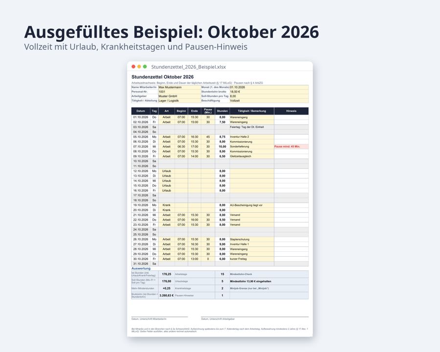 Stundenzettel Vorlage 2026 2027 Excel — Vorschau 2