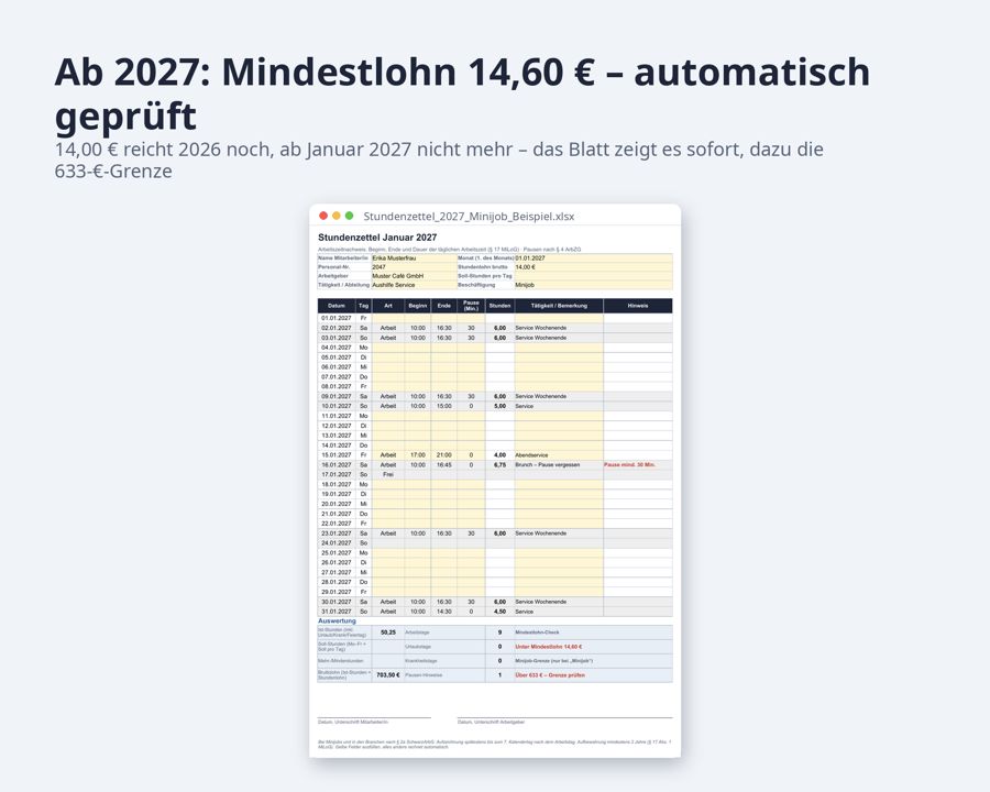 Stundenzettel Vorlage 2026 2027 Excel — Vorschau 3