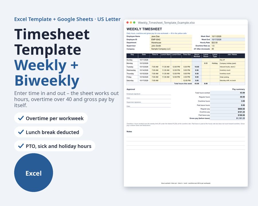 Timesheet Template Excel Weekly and Biweekly — Preview 1