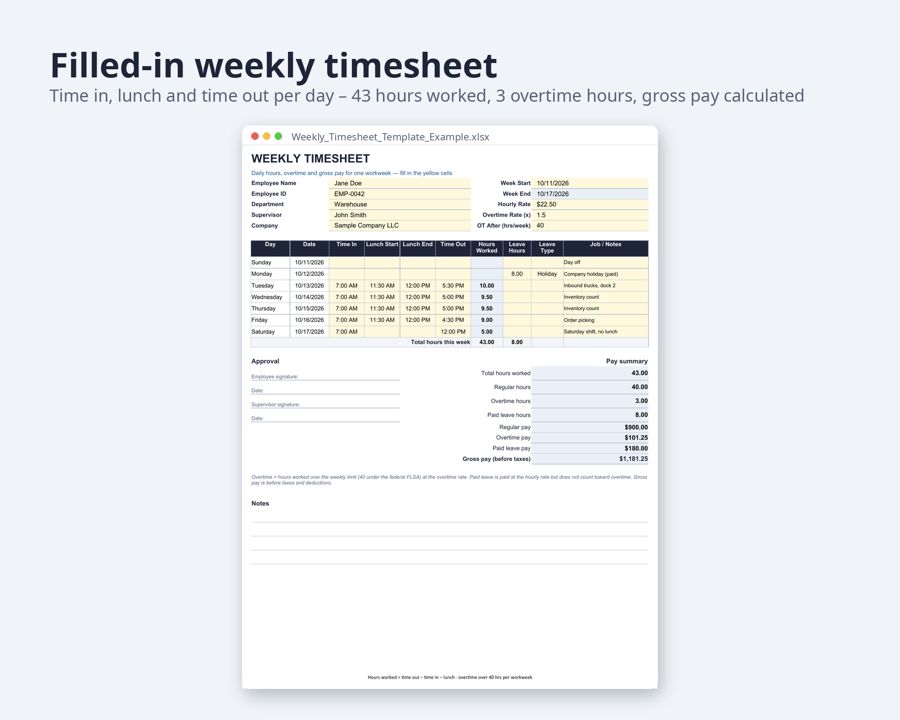 Timesheet Template Excel Weekly and Biweekly — Preview 2