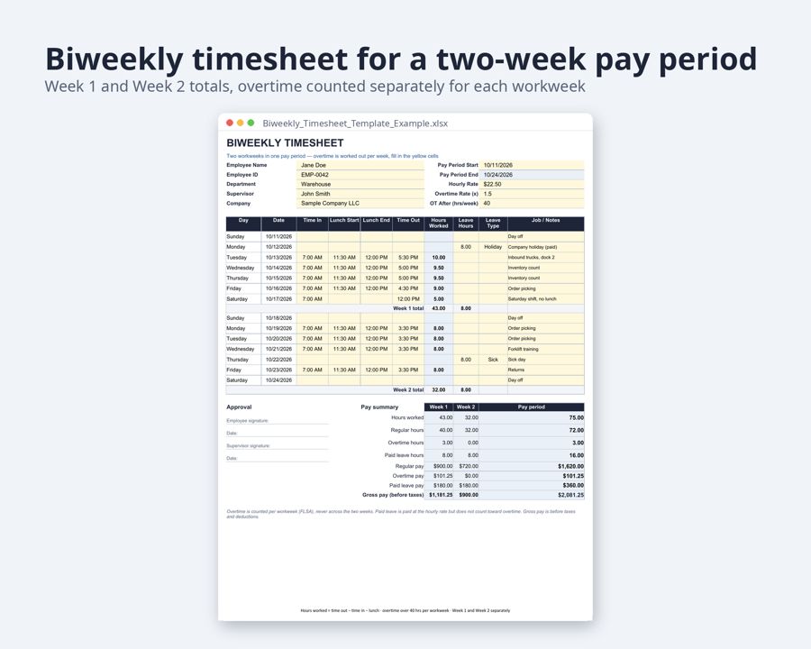 Timesheet Template Excel Weekly and Biweekly — Preview 3