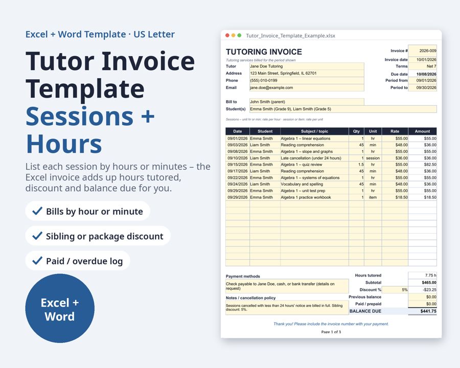 Tutor Invoice Template Excel and Word — Preview 1