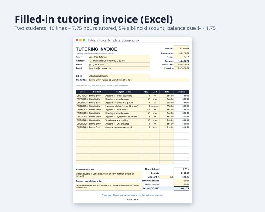 Tutor Invoice Template Excel and Word — Preview 2