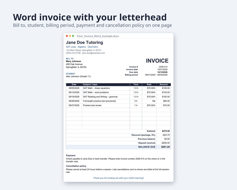 Tutor Invoice Template Excel and Word — Preview 3