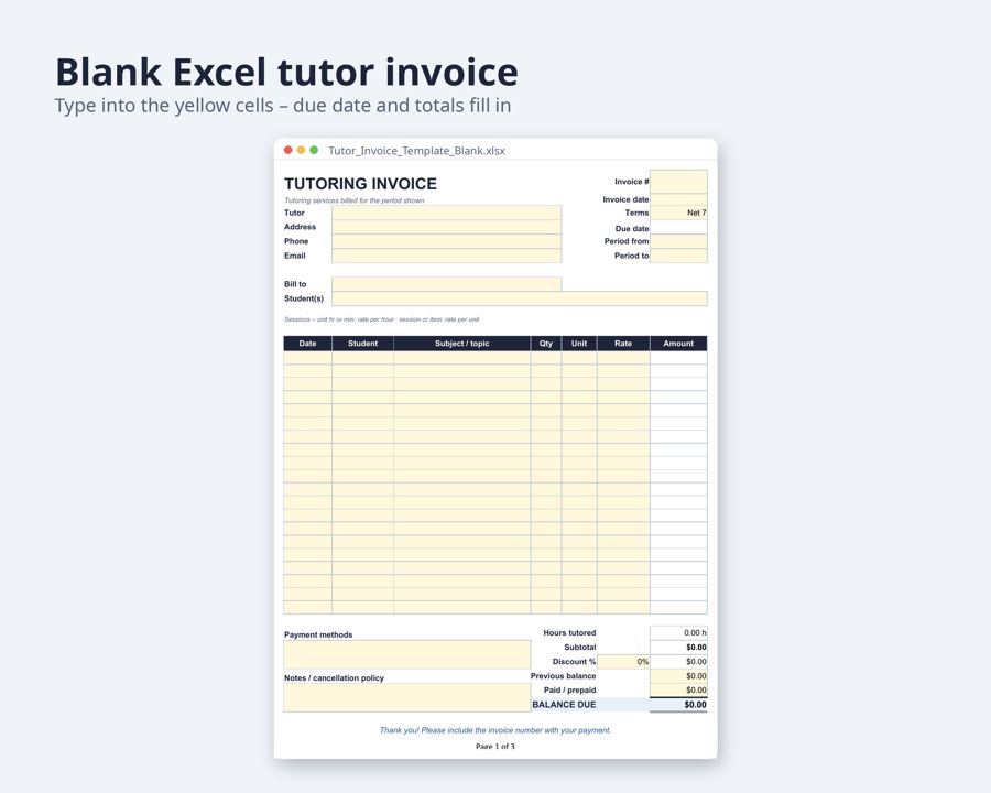 Tutor Invoice Template Excel and Word — Preview 4