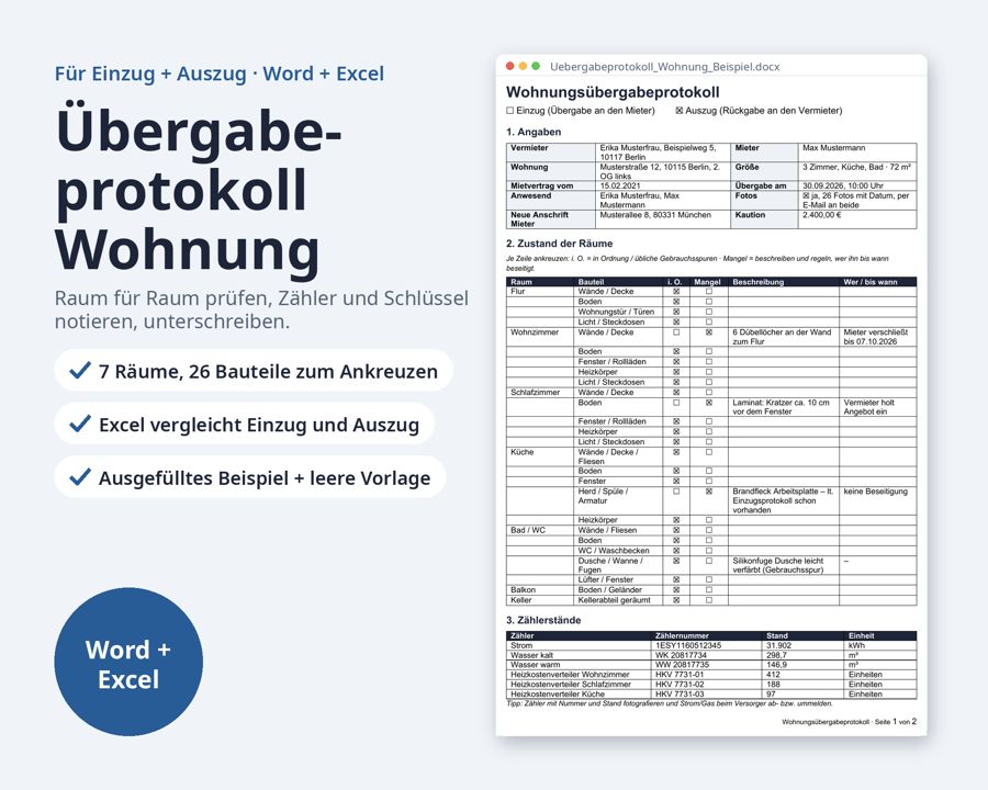 Übergabeprotokoll Wohnung Vorlage, Word + Excel — Vorschau 1