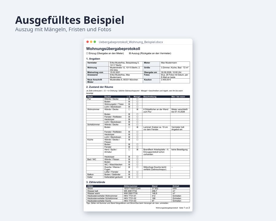 Übergabeprotokoll Wohnung Vorlage, Word + Excel — Vorschau 2