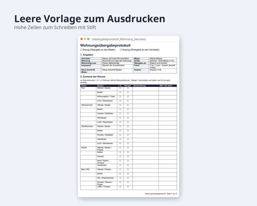 Übergabeprotokoll Wohnung Vorlage, Word + Excel — Vorschau 4