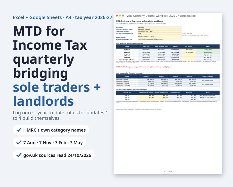 MTD for Income Tax Quarterly Bridging Spreadsheet, Sole Traders & Landlords — Preview 1