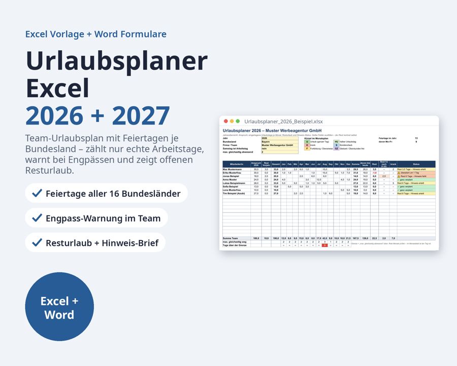 Urlaubsplaner Excel 2026 2027 — Vorschau 1