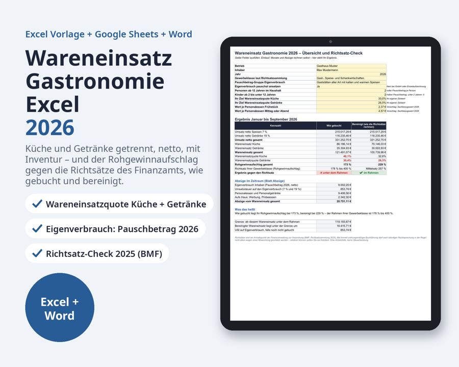 Wareneinsatz Gastronomie Excel 2026 — Vorschau 1