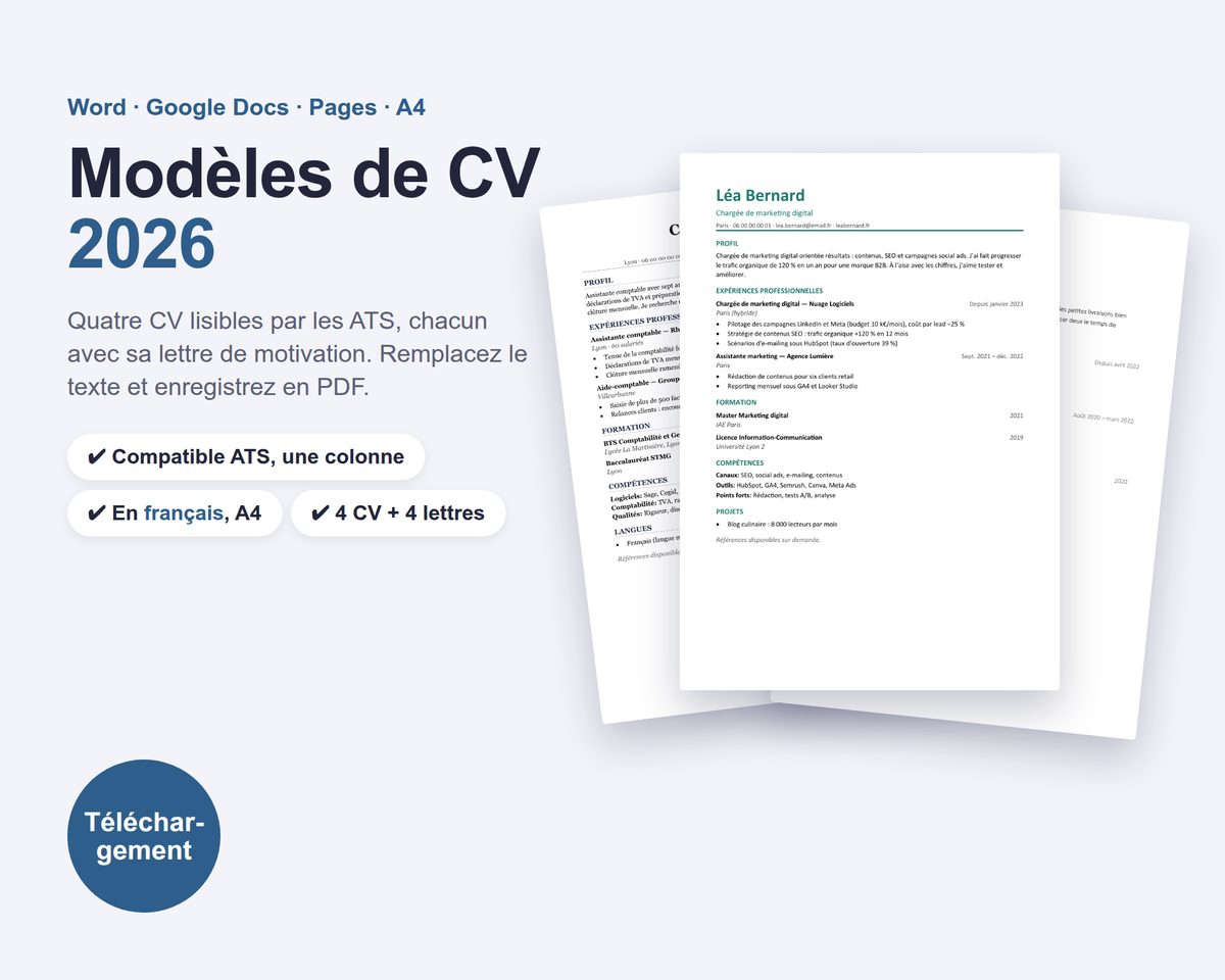 Modèles de CV 2026 — compatibles ATS, avec lettres de motivation