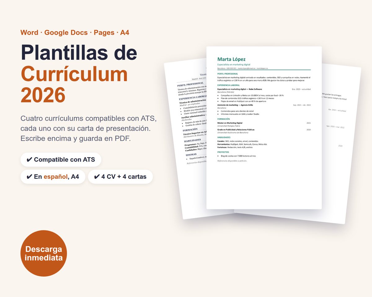 Plantillas de currículum 2026 — compatibles con ATS, con cartas