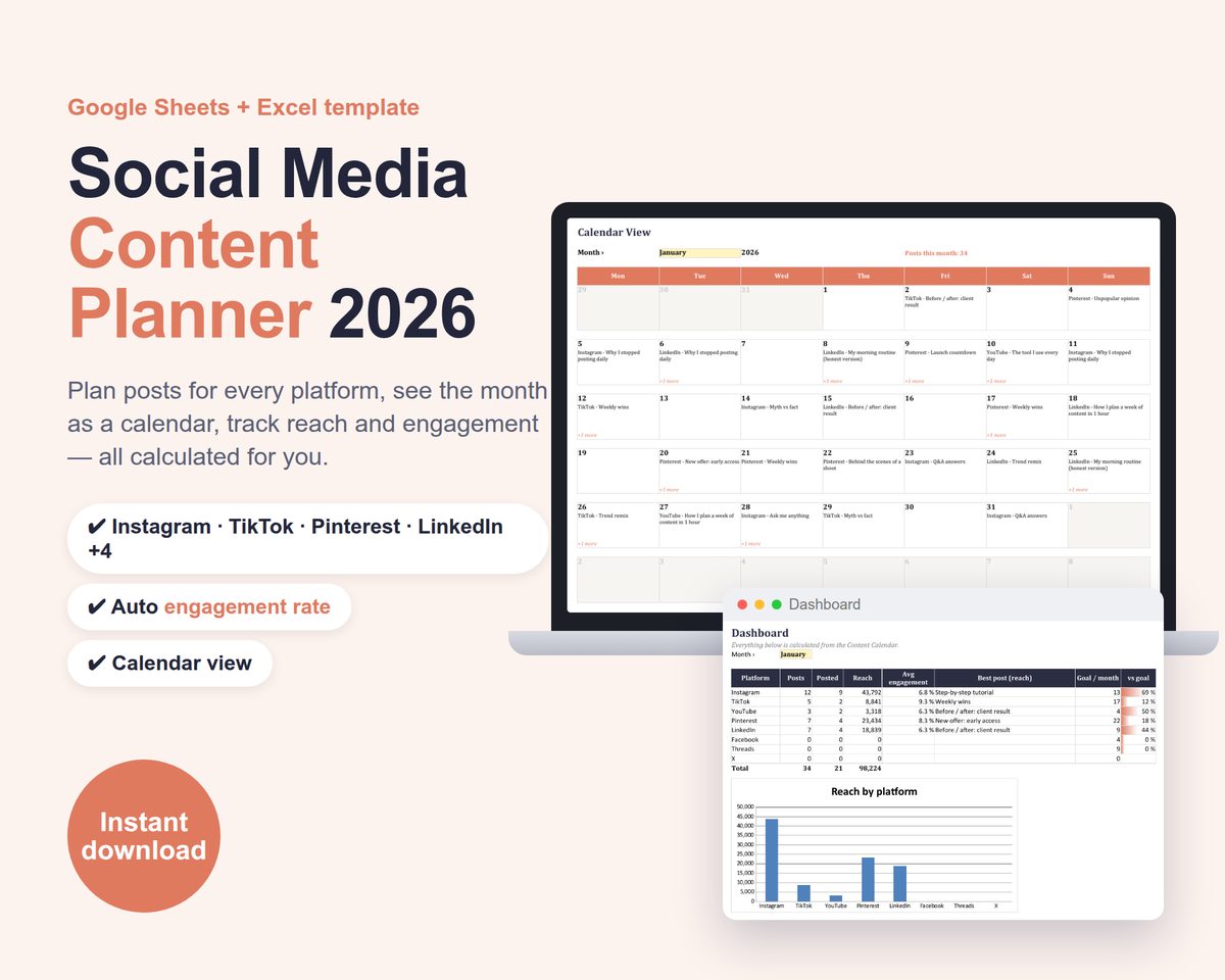 Social Media Content Planner 2026 (Google Sheets & Excel)