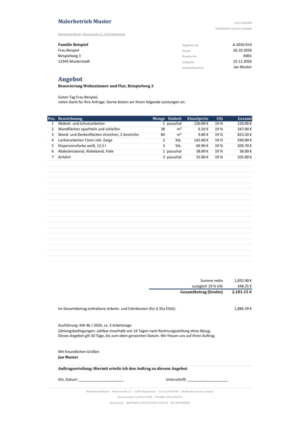 Angebot aus dem Excel-Kit, Beispiel Malerbetrieb, mit 19 % USt und § 35a-Zeile