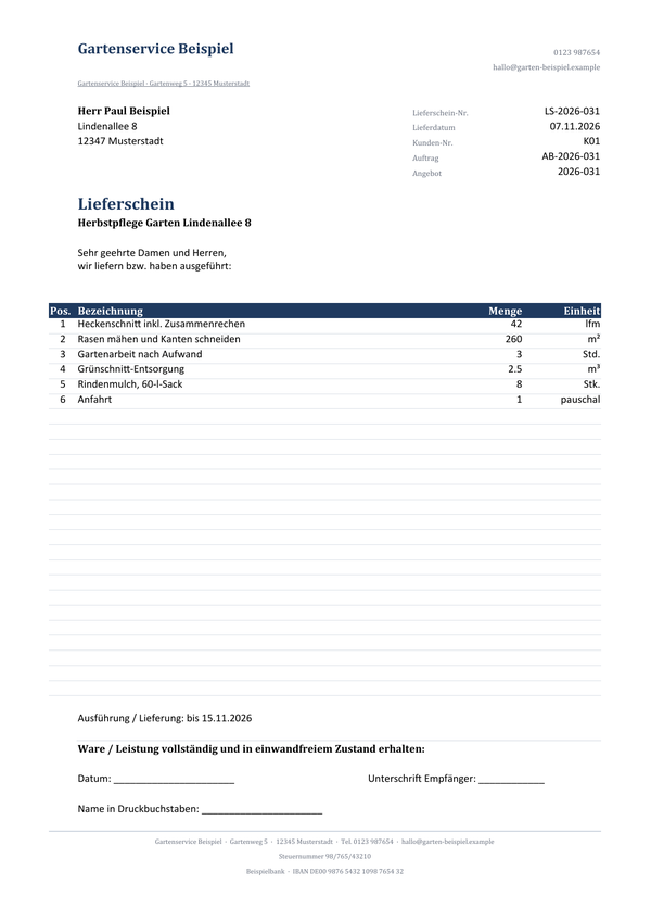 Lieferschein ohne Preise, Beispiel Kleinunternehmer