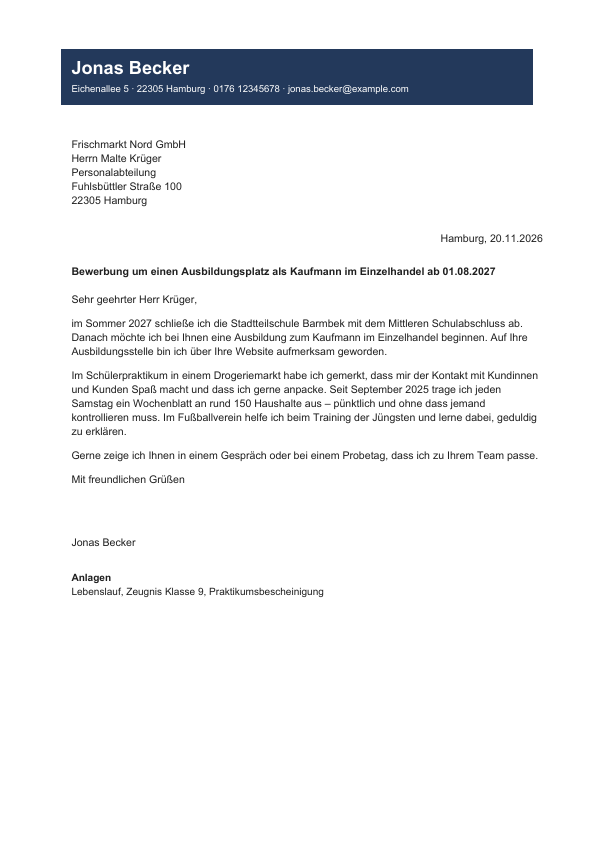Anschreiben Ausbildung im Design Akzent nach DIN 5008
