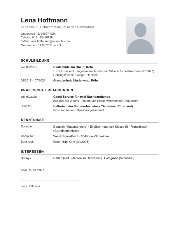 Lebenslauf Schülerpraktikum im Design Klassisch, eine Seite mit Foto