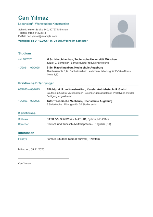 Lebenslauf Werkstudent im Design Modern mit Zeile Verfügbarkeit