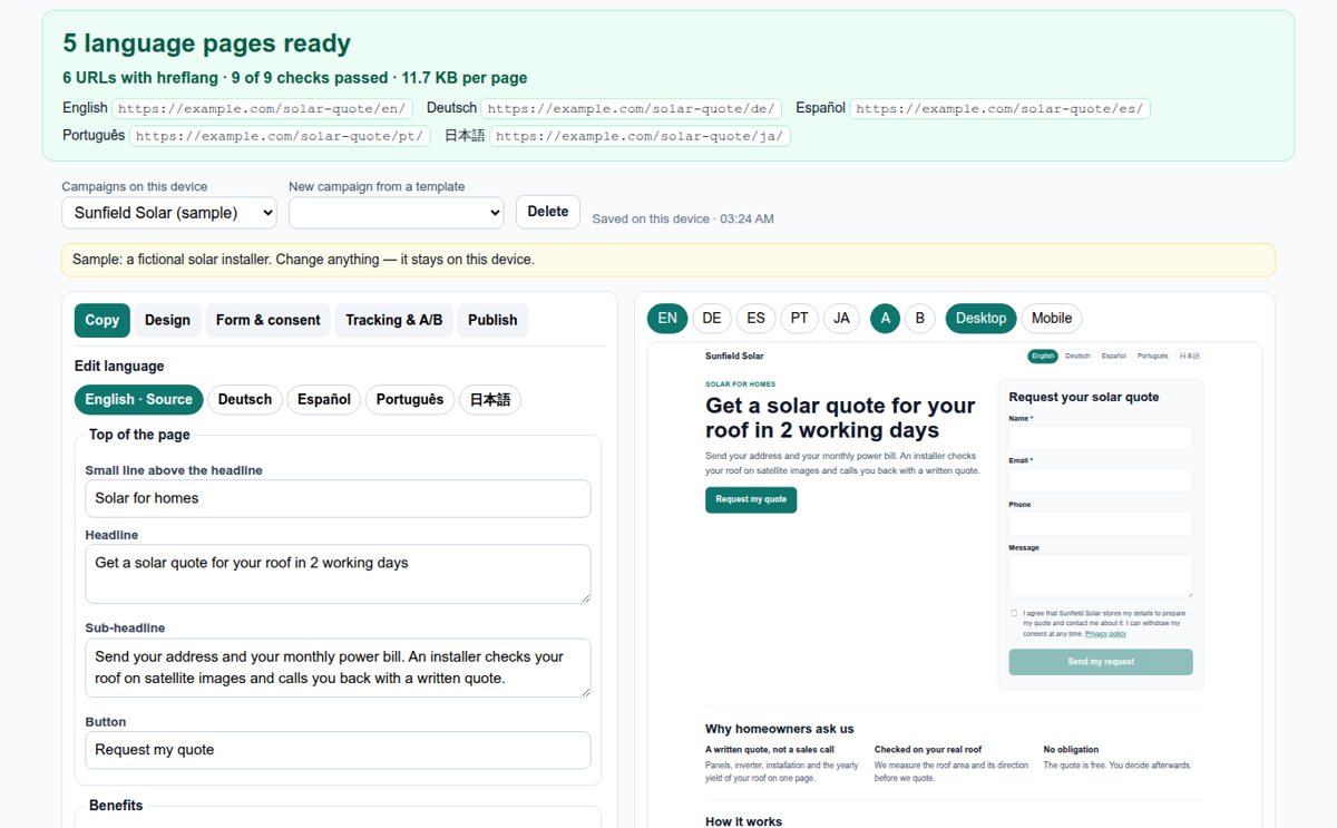 One campaign, 5 language pages, consent-safe forms and A/B tests