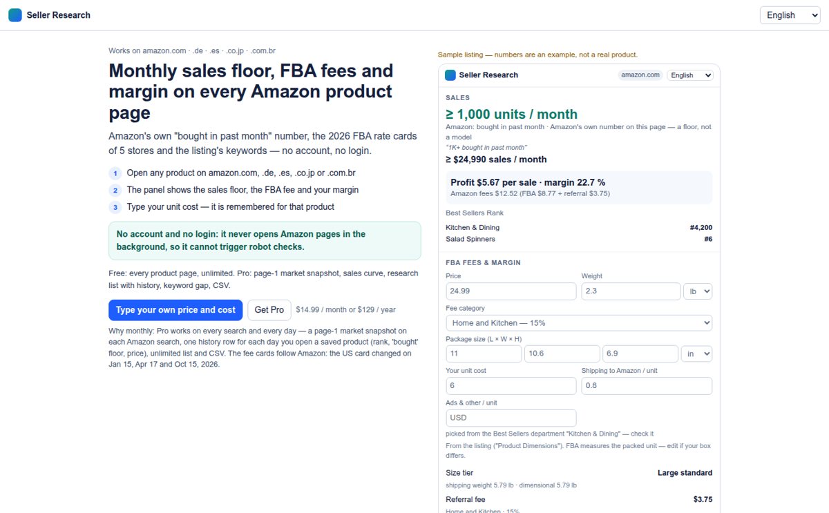 Explainer in three steps: US holiday-peak FBA fees run until January 14, 2027, so a margin counted in summer is out of date. ReadyStack Seller Research shows on the product page: A