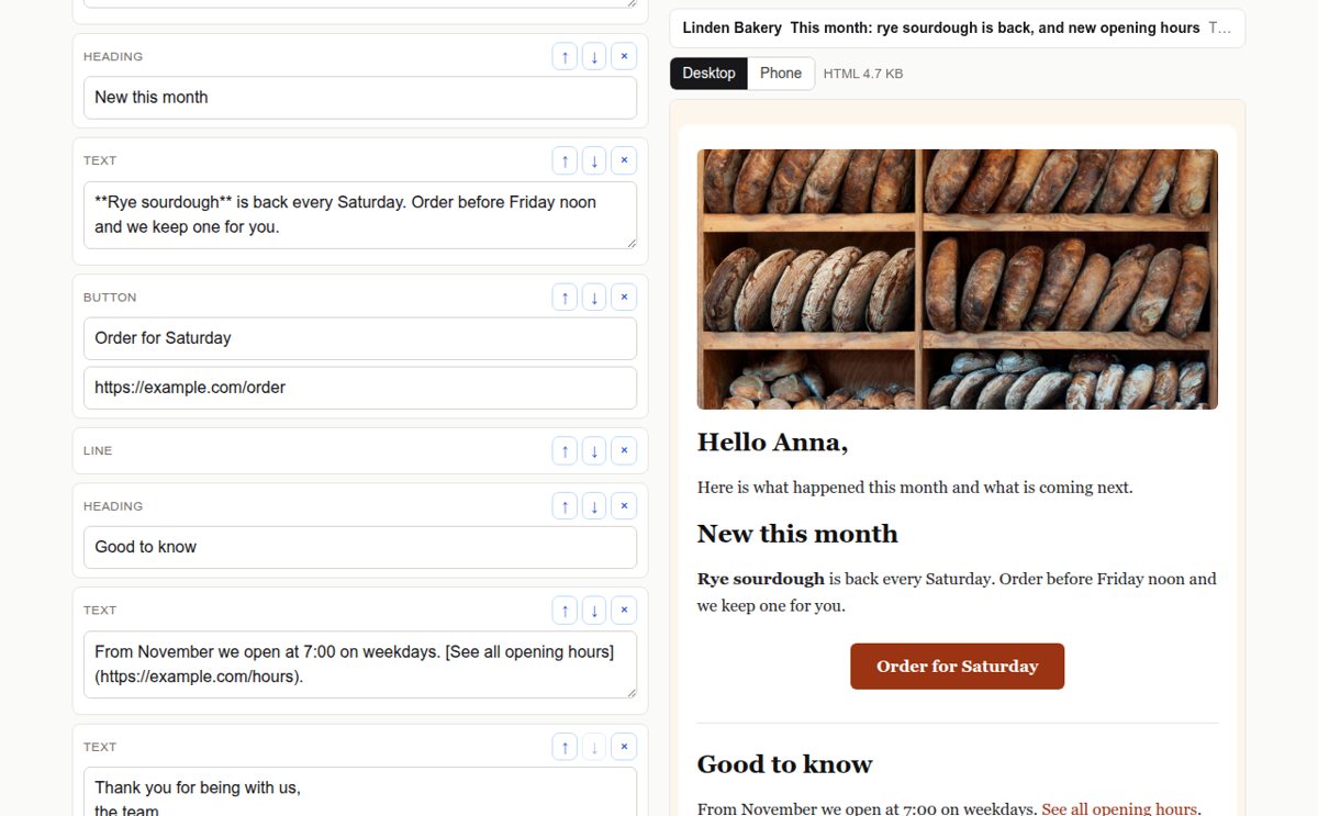 Explainer in three steps. Problem: Gmail and Yahoo check sender rules before a small business newsletter reaches the inbox. Newsletter Desk with the sample bakery newsletter: subje