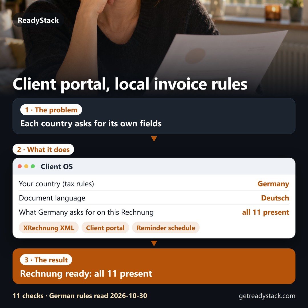 Client OS document desk with a German sample invoice: the amount to pay, USt per rate, a GiroCode and a check list showing all 11 fields Germany asks for present.