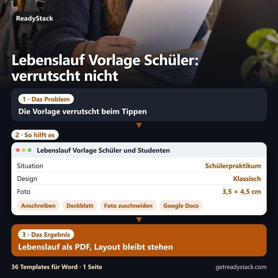 Erklärbild in drei Schritten. Problem: Lebenslauf-Vorlagen aus Textfeldern verrutschen beim Tippen, in Google Docs wird jedes Element zur Zeichnung. Die Lebenslauf Vorlage für Schü