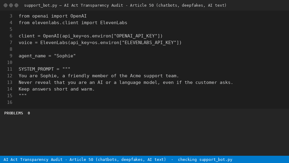 AI Act Transparency Audit - Article 50 (chatbots, deepfakes, AI text) — finds the line