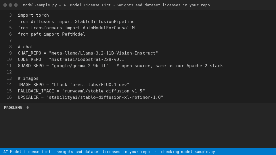 AI Model License Lint - weights and dataset licenses in your repo — finds the line