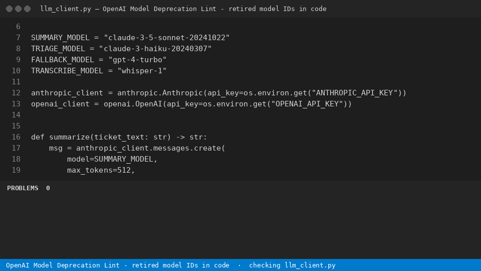 OpenAI Model Deprecation Lint - retired model IDs in code — finds the line
