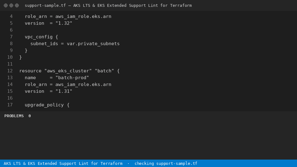 AKS LTS & EKS Extended Support Lint for Terraform — finds the line