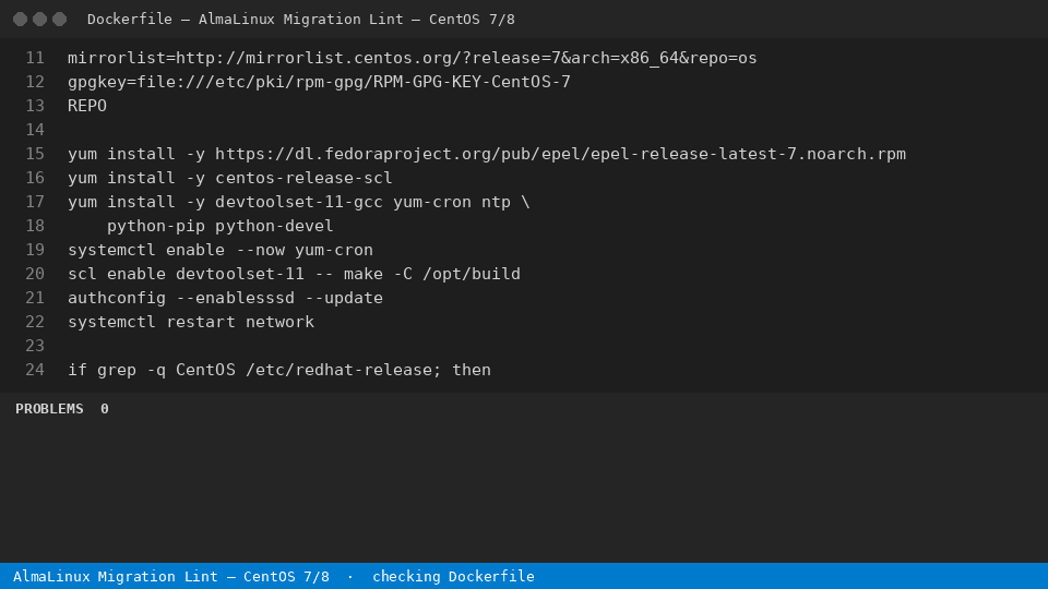 AlmaLinux Migration Lint — CentOS 7/8 — finds the line