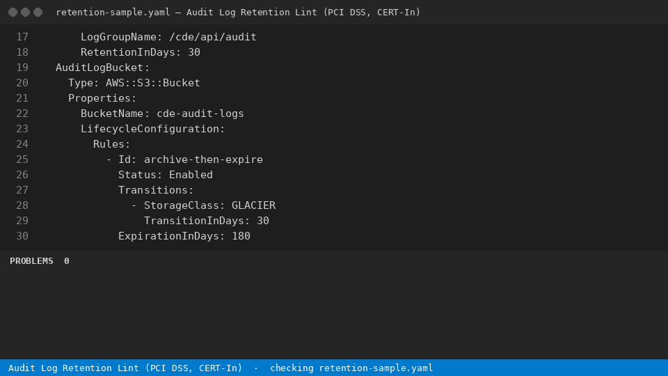 Audit Log Retention Lint (PCI DSS, CERT-In) — finds the line