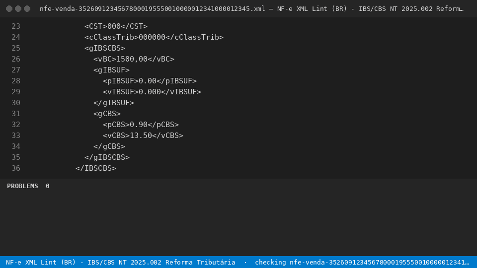 NF-e XML Lint (BR) - IBS/CBS NT 2025.002 Reforma Tributária — finds the line