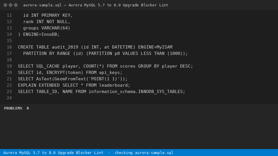 Aurora MySQL 5.7 to 8.0 Upgrade Blocker Lint — finds the line
