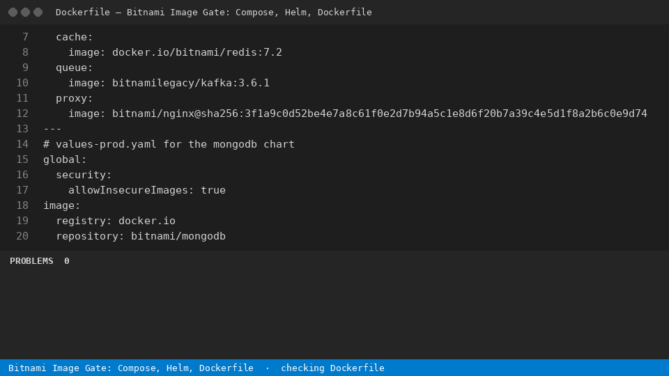 Bitnami Image Gate: Compose, Helm, Dockerfile — finds the line