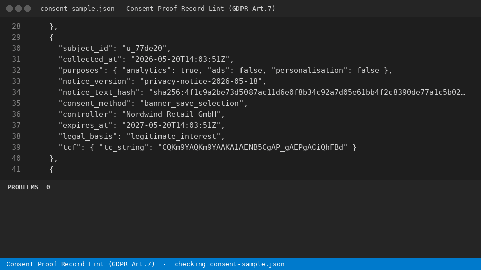 Consent Proof Record Lint (GDPR Art.7) — finds the line
