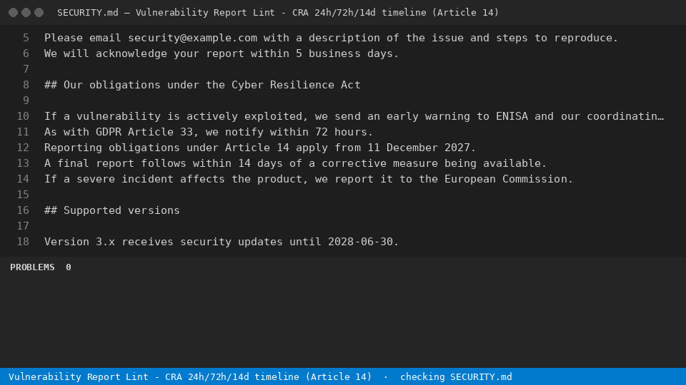 Vulnerability Report Lint - CRA 24h/72h/14d timeline (Article 14) — finds the line