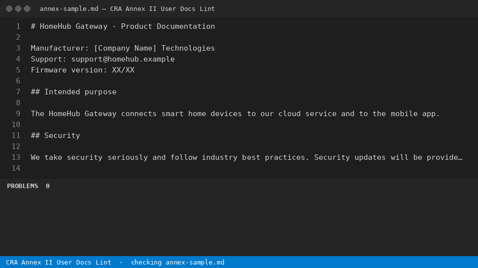 CRA Annex II User Docs Lint — finds the line