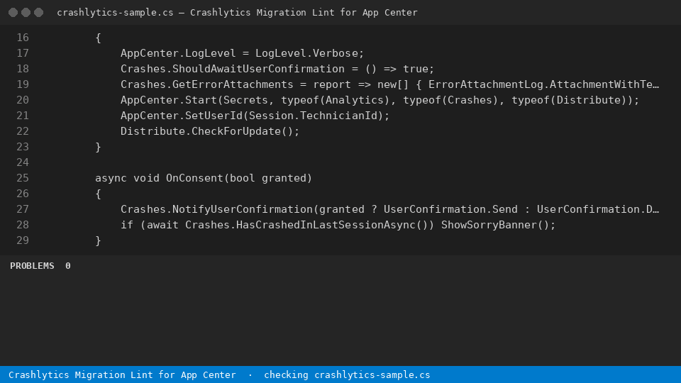 Crashlytics Migration Lint for App Center — finds the line