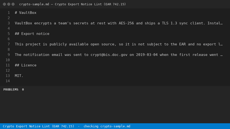 Crypto Export Notice Lint (EAR 742.15) — finds the line