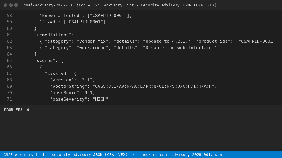 CSAF Advisory Lint - security advisory JSON (CRA, VEX) — finds the line