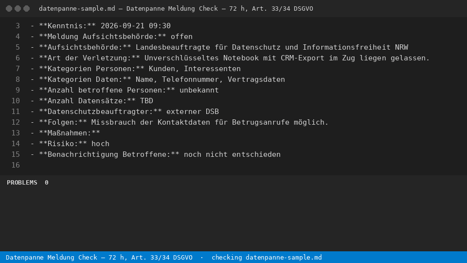 Datenpanne Meldung Check – 72 h, Art. 33/34 DSGVO — finds the line