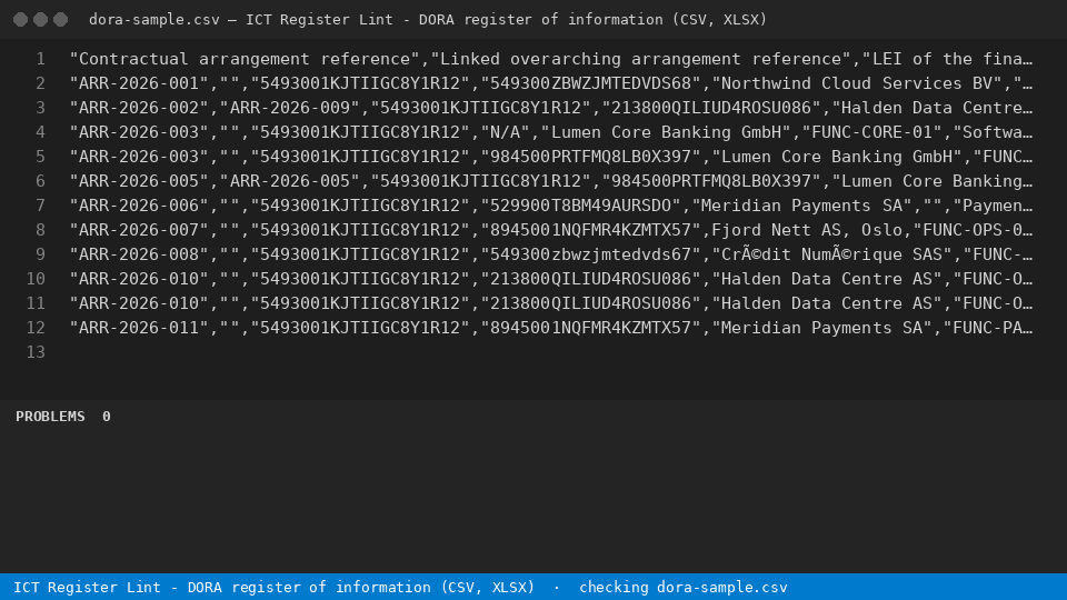 ICT Register Lint - DORA register of information (CSV, XLSX) — finds the line